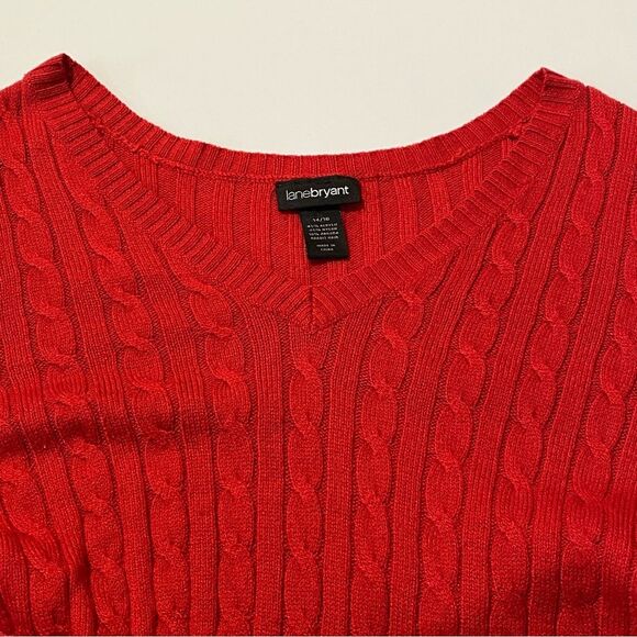 Lane Bryant Red Angora Blend Cable Knit V-Neck Sweater Pullover Women's 14/16 - Picture 2 of 10